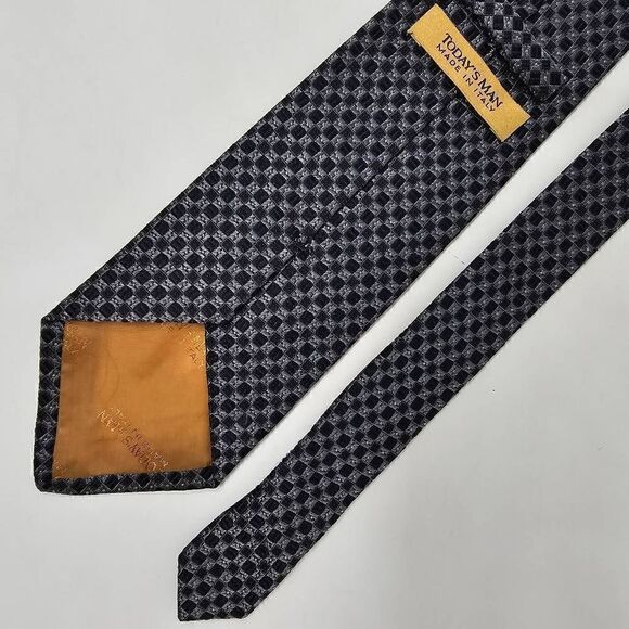 TODAY'S MAN ITALY SILK TIE BLACK SILVER CHECKER GEOMETRIC TEXTURED 3.75" X 60" - Picture 2 of 2